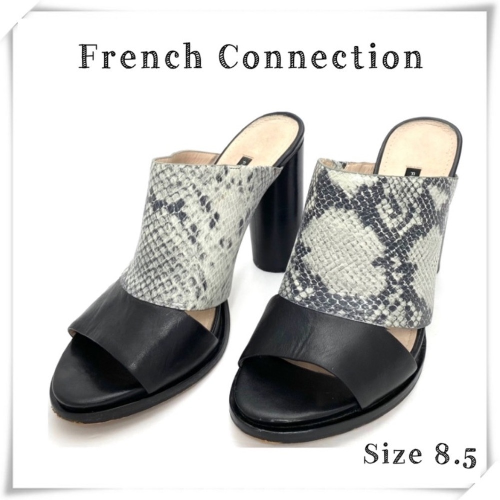French Connection Size 8.5 Ursie Snakeskin Slid Block Heel Mule Sandals in Black